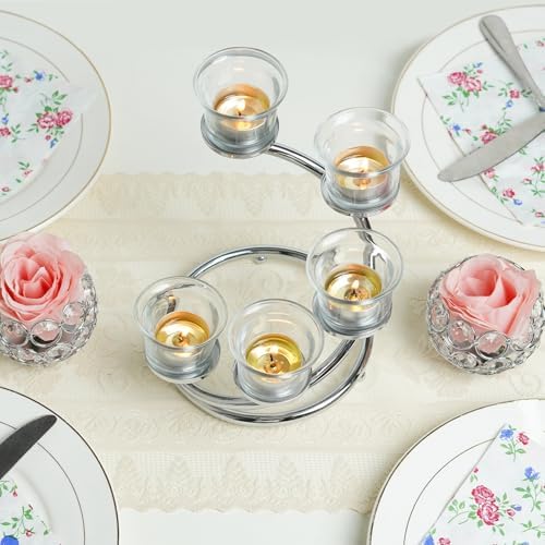 5-Piece Glass Tea Light Candle Holder Set, Black Metal Spiral Stand, Rotating Centerpiece for Table Decor (2, Silver) - Image 4