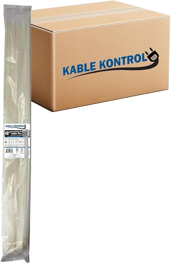 Kable Kontrol Cable Zip Ties Natural White 500 Pcs 48 Inch, 175 Lbs Tensile Strength, Bulk Pack, Self-locking Natural Nylon Clear Plastic Wire Ties wraps for Indoor or Outdoor Use