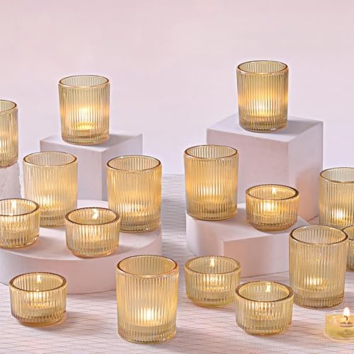 NITIME 20pcs Ribbed Gold Votive Candle Holders, Assorted Tea Light Candle Holder Glass for Wedding Table Decor, Gold Candle Holders for Table Centerpieces, Diwali, Birthday, Party and Holiday Decor by NITIME