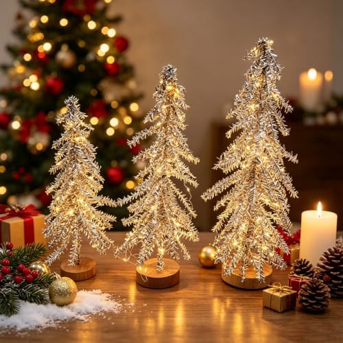3 Pcs Mini Christmas Tree with Lights, Artificial Bottle Brush Trees with Wooden Bases Christmas Table Decor Small Trees with LED Light String for Decorations，Yellow by Unknown