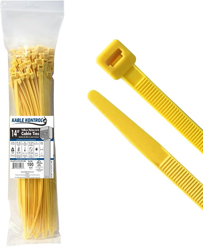Kable Kontrol Yellow Zip Ties 14 Inch 100 Pcs, 120 Lbs Tensile Strength, Self-locking Nylon Colored Cable Ties Wire Wraps for Indoor or Outdoor Use