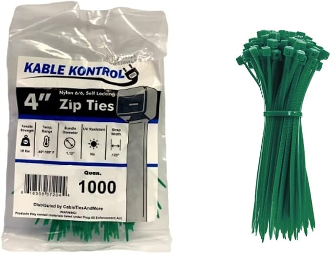 Kable Kontrol Green Zip Ties 4 Inch 1000 Pcs, 18 Lbs Tensile Strength, Self-locking Nylon Colored Cable Ties Wire Wraps for Indoor or Outdoor Use