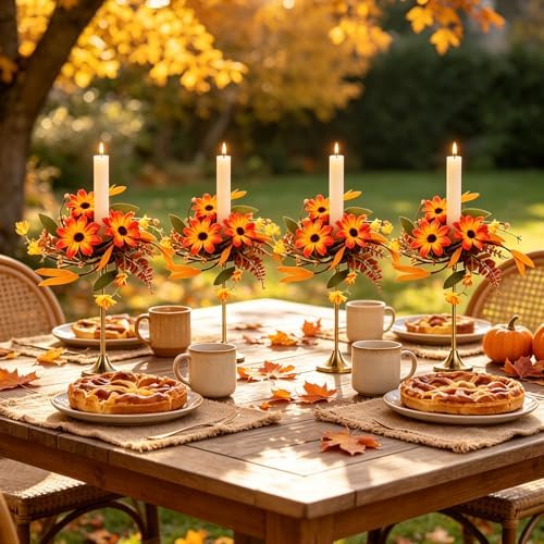4 PCS Fall Daisy Taper Candle Rings 1.38" Mini Artificial Autumn Flower Taper Candle Holder Wreaths with Thanksgiving Harvest Floral Table Centerpieces Decor for Candlesticks Farmhouse Home Decor - Image 6