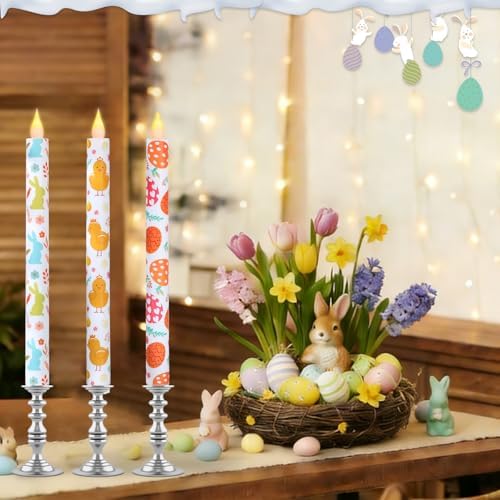 6Pcs Easter Taper Candles – 10.6" Battery Operated Flameless LED Candles with Bunny, Chick & Egg Patterns, Flickering Flame, Safe Spring Decor for Table Centerpiece, Party & Home Decor - Image 5