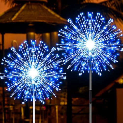 Solar Firework Lights, 2 Pack 120 LEDs 2 Lighting Modes Solar Garden Lights Outdoor Waterproof for Yard Patio Walkway Pathway Party Wedding Christmas Decorative - Blue by JJGoo
