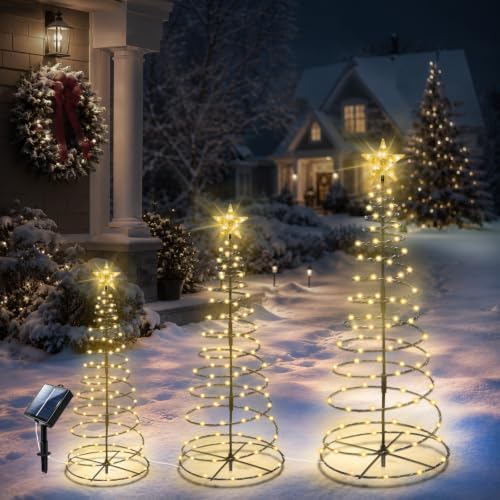 HELESIN 3 Pack Solar Spiral Christmas Tree Lights Outdoor, Warm White by HELESIN
