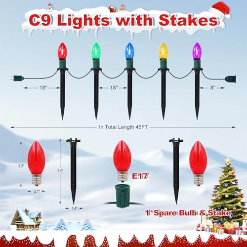 45Ft C9 Led Christmas Pathway Lights Outdoor, 30 Multicolor Bulbs Waterproof Connectable Christmas Walkway Lights for Driveway, Yard, Lawn, Sidewalk Decorations - Image 4