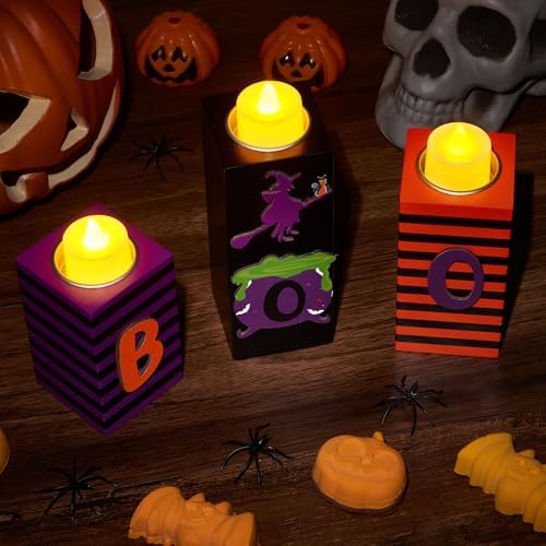 BlcTec Halloween Decorations, 3 PCS Halloween Wood Candle Holders with LED Tea Lights & 3D Carving Craft, Boo Wood Candle Centerpieces for Home, Table, Office, Tiered Tray, Shelf Décor, Witch Color - Image 2