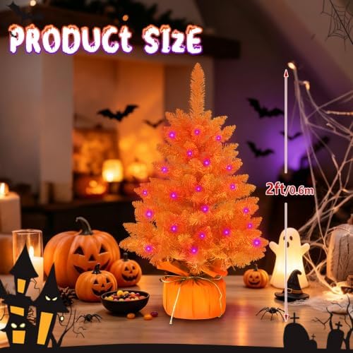 2FT Orange Halloween Tree with Lights, 50 LED Multicolor Prelit Mini Artificial Orange Christmas Tree, Tabletop Spooky Halloween Tree for Desk Home Indoor Holiday Party Decorations - Image 5