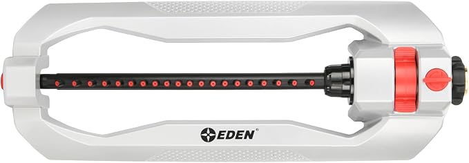 Eden 94111 Heavy Duty Metal Oscillating Sprinkler, Covers Up to 3,328 sq. ft., 20 Precision Nozzles, Flow Control, Adjustable Range, Quick Connect Bundle, Silver, Red, Black