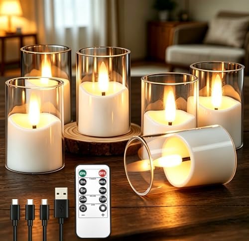 Rechargeable Flameless Tea Light Candles with Timer Remote, 1.7"x2.5" Acrylic Small Votive Electric LED Candles Battery Operated for Halloween Christmas Wedding Decor (Pack of 6, White) by YTRUSTIX