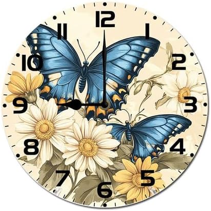 Butterflies Wildflower Wooden Silent Non-Ticking 10 Inch Round Clocks Battery Operated Analog for Living Room Kitchen Bedroom Bathroom Office Home School Decor
