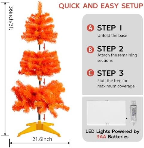 Orange 3ft Christmas Tree with Lights, Halloween 36inch Artificial Small Tree Mini Table Top Decorations, Xmas Desk Tree with 80 Color Lights, 200 Branch, Holiday Decor for Home,Indoor Office Tabletop - Image 6