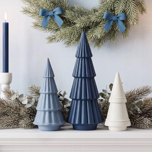 3 Pcs Neutral Christmas Tree Figurines,Dusty Blue - Image 2