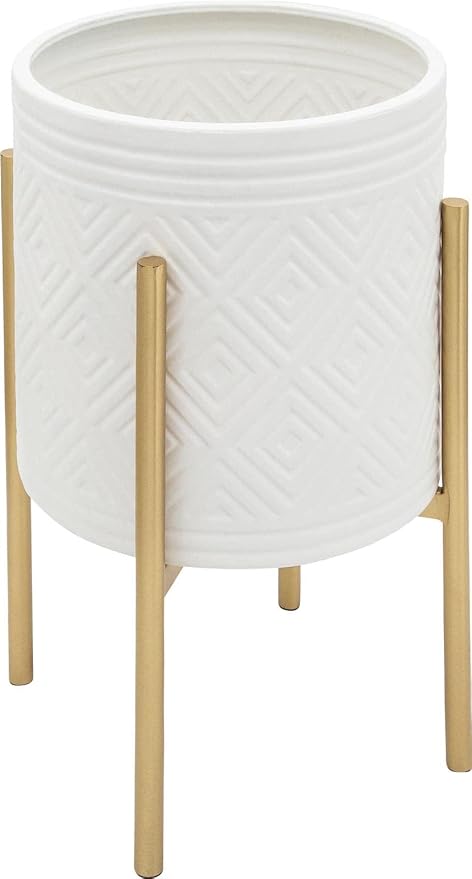 Decorative Flower Pots with Metal Stand for Home Decor - Modern Planters for Hallway, Entryway, and Living Room Decor - Indoor and Outdoor Pots for Plants - Set of 2, 23", 19", White & Gold