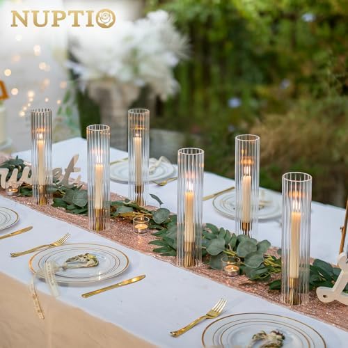 NUPTIO Hurricane Glass Candle Holders: Ribbed Cylinder Candlestick Cover - Image 4