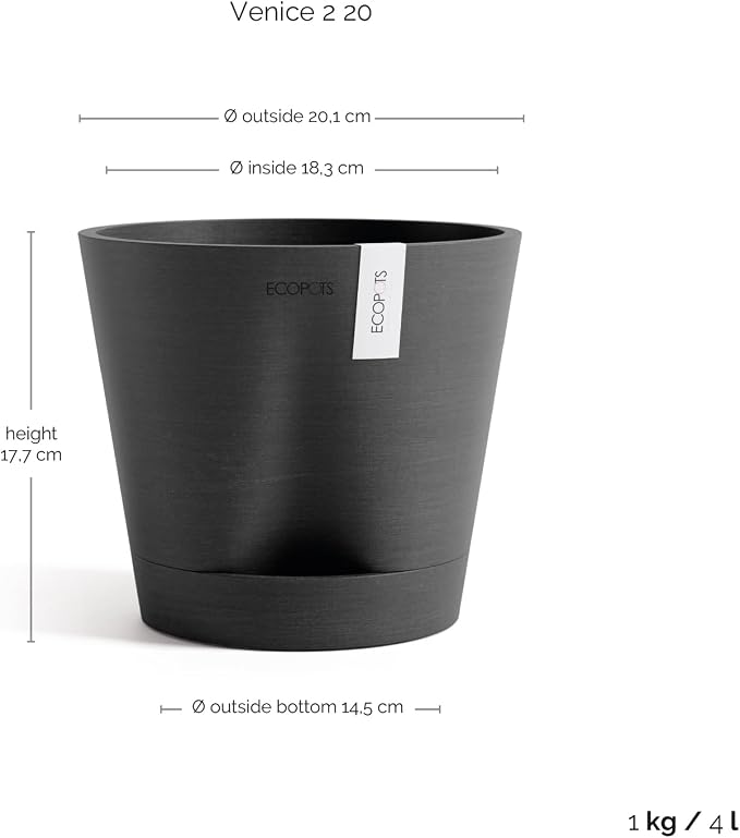 Ecopots Venice 2 Durable Modern Round Indoor/Outdoor Recycled-Based Composite Flower Pot Planter w/Water Reservoir, Dark Grey, 8"