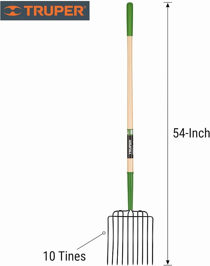 Truper Tru Tough 10-Tine Manure and Bedding Fork, 54-Inch Premium Ash Wood Handle, Forged Steel Head, Heavy-Duty Agricultural & Stable Tool (Model BPJ-10L / 30331)