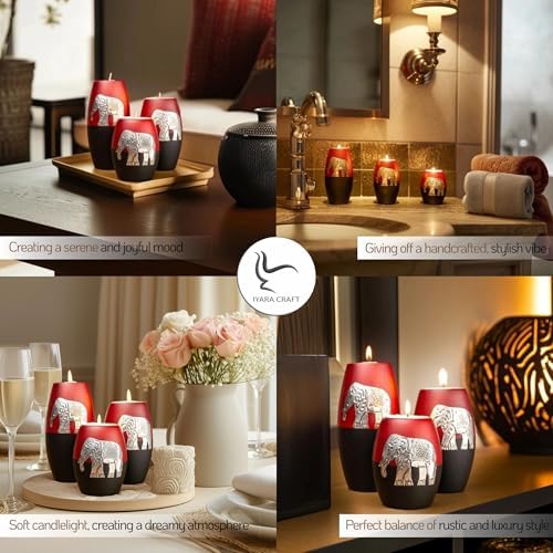 IYARA CRAFT 3 Wooden Candle Holders– Decorative Candle Holders with Inlaid Aluminium Antique Elephant – Intricate Details – Matte Wood Finish – Ideal for Modern & Rustic Settings (Rugby Shape) - Image 4