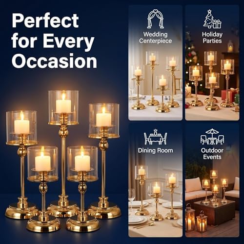 3PCS Gold Hurricane Candle Holders, Glass Hurricane Candlestick Holders for Pillar Candles, Tall Metal Candle Holders with Removable Glass Shade for Wedding Centerpieces, Dining Table Decor - Image 4