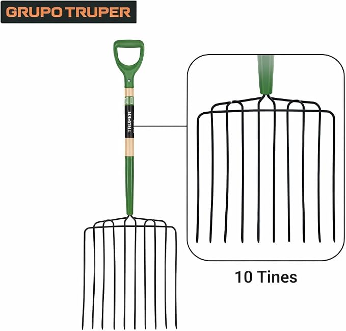 Truper TruTough Ensilage Fork, Manure/Bedding Fork, 10 Tines, 30-Inch Wood Handle with Poly D-Handle (Model BPJ-10/30330)