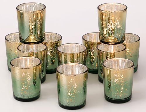 Volens Green and Gold Party Decorations 12pcs Glass Votive Candle Holders by VolensLightUpYourLife