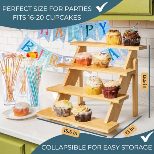 4-Tier Wood Cupcake Stand, Durable & Easy to Assemble Cupcake Holder, Collapsible Display Risers w/ Non-Slip Pads, Rustic Dessert Display Stands for Baby Shower Decorations, Vendor Fairs & More - Image 2