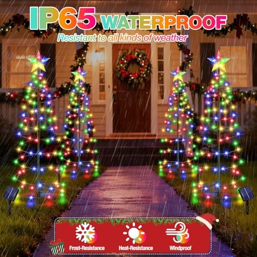 24" Spiral Solar Christmas Tree Outdoor Decorations 2 Pack - Upgrade 80 LEDs Multicolor Solar Christmas Lights with 8 Lighting Modes, Waterproof Pre-lit Xmas Tree for Pathway Garden Patio Yard - Image 4