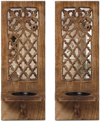 Wooden Wall Candle Sconces with Mirror, Pack of 2-16 Inch Handcrafted Rustic Carved Jharokha Style Décor, for Farmhouse, Vintage, Halloween & Festive Home Decoration - Burnt Finish by HomebiaDesigns