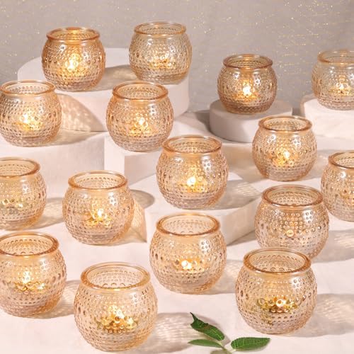 16Pcs Gold Votive Candle Holders | Polka Dot Round Glass | Wedding Decor by Reisen
