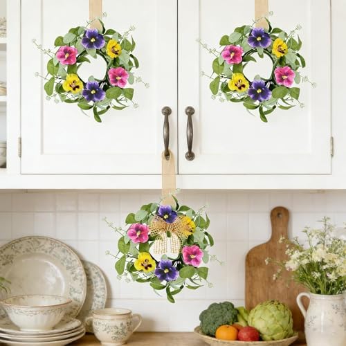 4 PCS Mini Spring Summer Kitchen Cabinet Wreaths Small Pansy Flowers Wreath for Front Door with Fern Branches Ribbon Small Flocked Lamb Ear Leaves Wreath for Indoor Outdoor Farmhouse Porch Wall Decor - Image 6