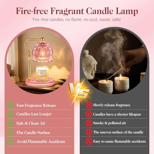 Candle Warmer Lamp with Timer Dimmer, Modern Wax Warmer for Scented Wax Jar Candle Warmer with 2 Bulbs, Adjustable Height Glass Lamp for Women, House Warming Gifts, Gold Pink - Image 3