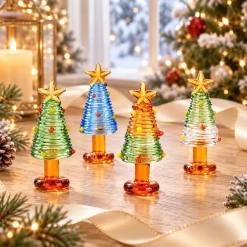 4 Pcs 2.3 Inch Mini Blown Glass Christmas Tree Figurines Collectible Decor by HDHYALINEDORA