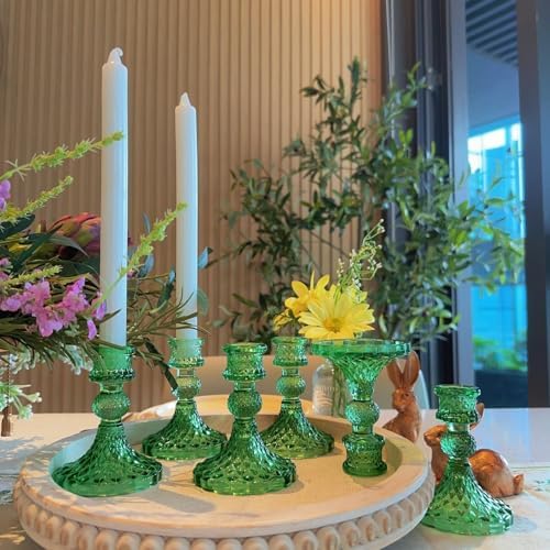 Green Glass Candlestick Holders, Taper Candle Holders, Set of 6 - Image 6