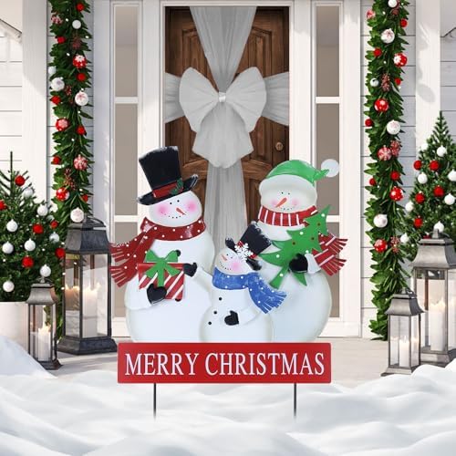Outdoor Christmas Decorations, 3 Snowman Family Metal Decorative Garden Stakes for Outdoor Yard, Merry Christmas Yard Signs for Outside Garden Lawn Porch Pathway Xmas Decorations by YEAHOME