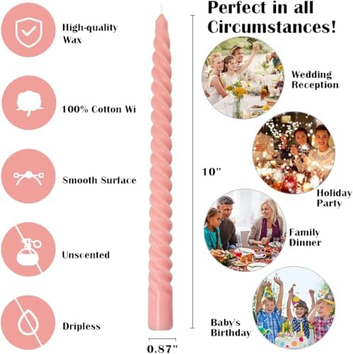 20 Pack 10 Inch Pink Spiral Taper Candles for Holiday Home Decoration, Unscented Dripless Twisted Candlesticks for Dinner Party Wedding Valentines Day Baby Shower and Easter - Image 7