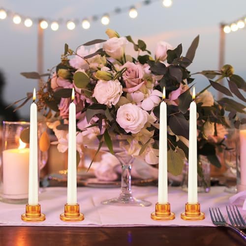 6 PCS Glass Taper Candle Holders Bulk Candlestick Holders Clear Short Tapered Candle Stick Holder Decor Set for Table Centerpiece Wedding Party Advent Christmas Home Decorations (6, Amber) - Image 4