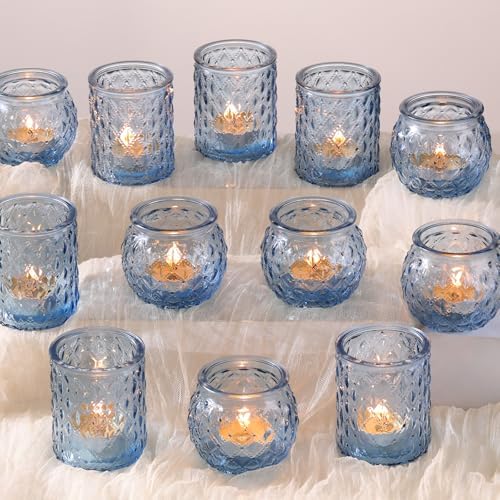 DARJEN 12Pcs Blue Votive Candle Holders- Glass Candle Holder for Vintage Decoration, Tea Lights Candle Holders for Wedding, Party Table Centerpieces & Gift by DARJEN