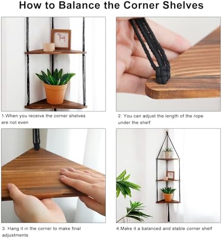 Artilady Corner Shelf Macrame Wall Hanging, 3 Tier Black Boho Storage Decor - Image 5