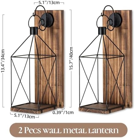 Wood Wall Candle Sconce with Black Lantern, Set of 2 Home Decor - Image 3