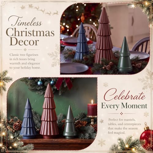 3 Pcs Neutral Christmas Tree Figurines,Burgundy Green Navy Blue - Image 6