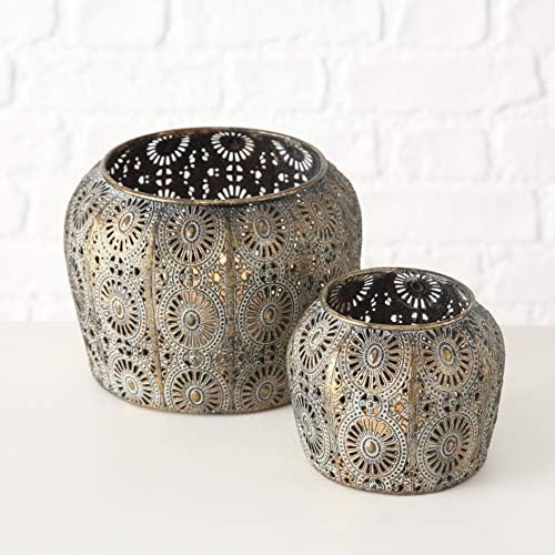 2 Piece Daisy Hurricane Lantern Set, Distressed Gold - Image 6