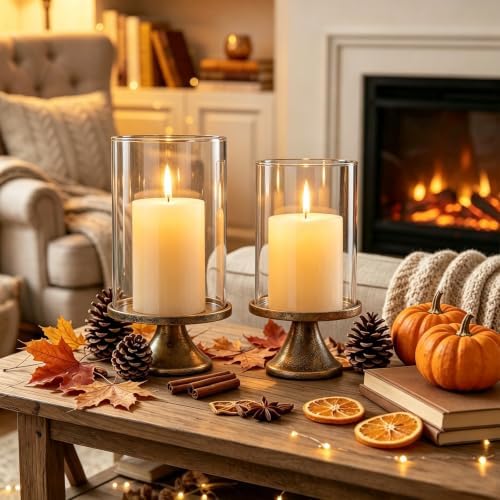 Hurricane Glass Candle Holders Set of 2, with Glass Dome and Iron Base, Vintage Decorative Pillar Candle Holder for Mantel, Living Room, Dining Room Centerpiece, Home Decor - Image 5