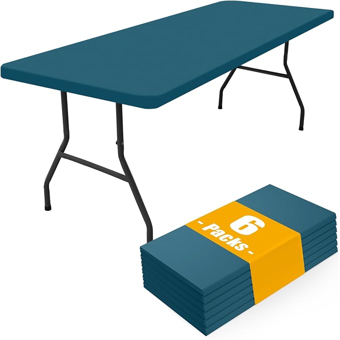 Smiry 6 Pack Rectangle Picnic Table Cloth, Waterproof Elastic Fitted Tablecloths, Washable Polyester Rectangular Patio Table Cover for Camping, Indoor and Outdoor (Peacock Blue, 30"x96")