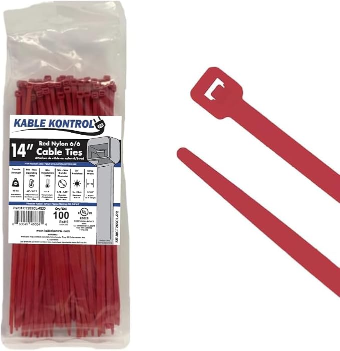 Kable Kontrol Red Zip Ties 14 Inch 100 Pcs, 50 Lbs Tensile Strength, Self-locking Nylon Colored Cable Ties Wire Wraps for Indoor or Outdoor Use