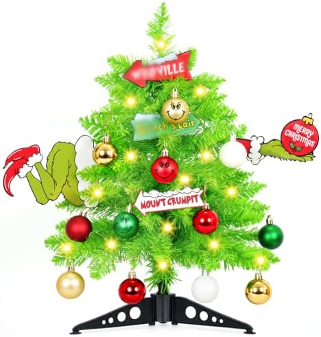 20" Small Whimsical Christmas Tree with Lights Little Mini Tabletop Christmas Tree with Arms Legs Directional Signs Decorative Ornaments for Office Desktop Home Party Decoration by Unknown