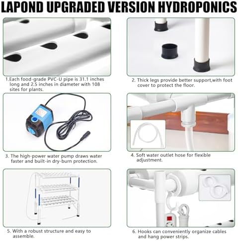 Upgraded Hydroponics Growing System with LED Grow Lights,108 Plant Sites,3 Layers Food-Grade PVC-U Pipes Hydroponic Grow Kit