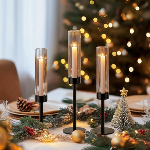 Black Hurricane Candle Holders, Set of 6 Glass Taper Candlestick Holders Metal Candle Stands Bulk with Ribbed Glass Cover for Dining Tables Wedding Candelabra Centerpieces Decor - Image 3