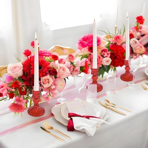 Red Glass Candlestick Holders, Taper Candle Holders, Set of 6 - Image 3