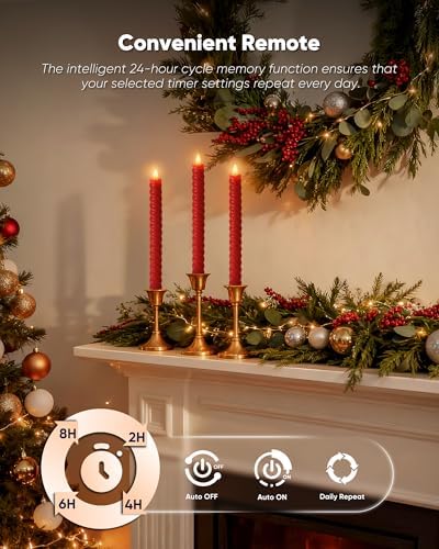 Red Spiral Flameless Taper Candles with Remote Control and Timer, 9.6 Inch Real Wax Battery Operated LED Candlesticks with Built-in Button, Fake Candle Sticks for Christmas Home Decor - Image 6